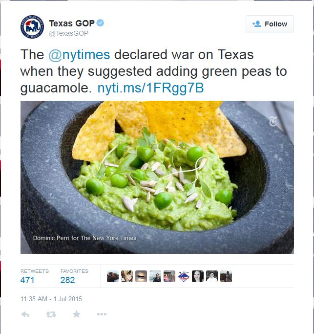 Texas GOP response to the New York Times telling people to add peas to their guacamole