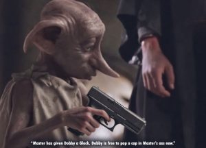 Harry Potter movie meme of Dobby holding a Glock.